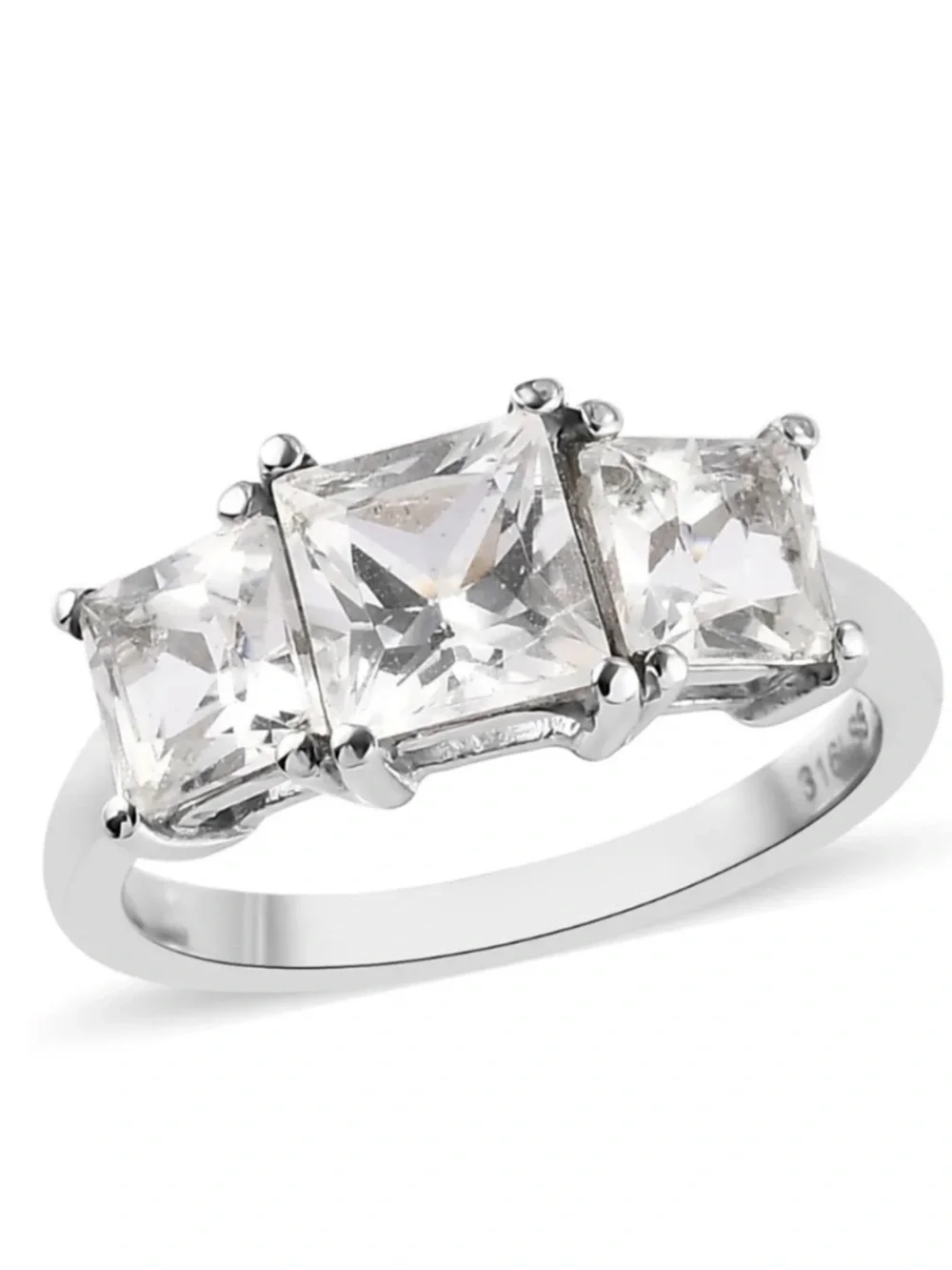 Princess Cut White Topaz 3 Stone Ring in Stainless Steel (Size 11) 3.10 carats